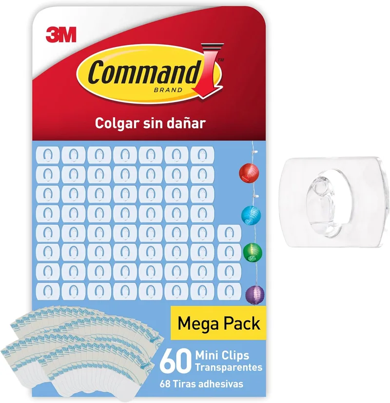 Command ▫️ Clips decorativos transparentes com tiras transparentes CL026-60, 60 clips + 68 tiras/embalagem