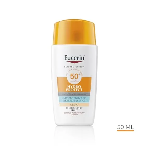 Eucerin ▫️ Sun Face Hydro Protect Fluido Ultra-Leve FPS 50+ com tom claro (50 ml), creme solar facial com filtros UVA/UVB, proteção solar 50+ em fórmula fluida extraleve, creme solar com cor 2