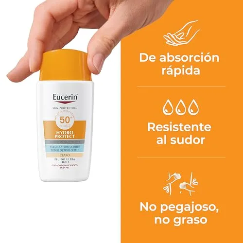Eucerin ▫️ Sun Face Hydro Protect Fluido Ultra-Leve FPS 50+ com tom claro (50 ml), creme solar facial com filtros UVA/UVB, proteção solar 50+ em fórmula fluida extraleve, creme solar com cor 5