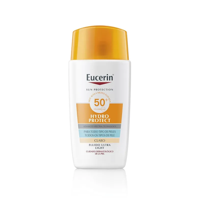Eucerin ▫️ Sun Face Hydro Protect Fluido Ultra-Leve FPS 50+ com tom claro (50 ml), creme solar facial com filtros UVA/UVB, proteção solar 50+ em fórmula fluida extraleve, creme solar com cor