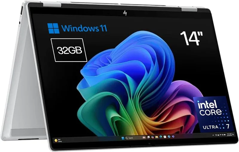 HP ▫️ Omnibook X Flip - Portátil conversível de 14" com ecrã tátil IPS 2K, processador Intel Ultra 7-258V EVO, 32 GB de RAM, SSD de 1 TB, placa gráfica Intel ARC, Windows 11 Home Silver - Teclado QWERTY espanhol