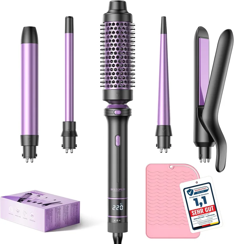 BESTOPE PRO ▫️ Ferro de ondular 5 em 1 - Com alisador, escova térmica, modelador de ondas (9 mm-25 mm), temperatura ajustável - Para viagens e presentes - Kit de modelador de cabelo