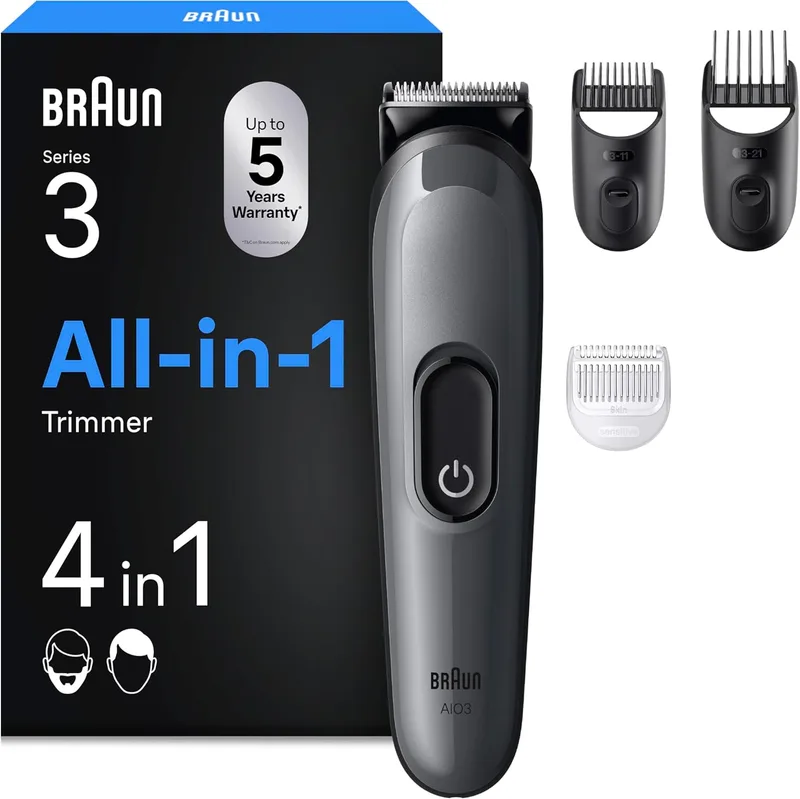 Braun ▫️ Todo em Um Série 3 AIO3500, Kit de Estilismo 4 em 1, Lâmina Ultra Afiada, 14 comprimentos, Corte preciso para rosto e cabelo, Autonomia de 50 min, Corte fácil e rápido, Cinzento