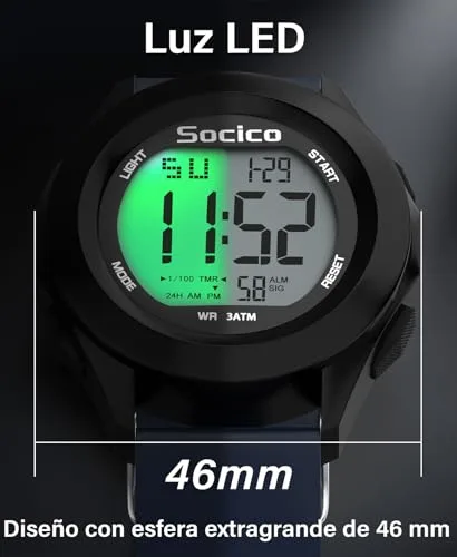 SOCICO ▫️ Relógio Digital para Homem, Resistente à Água até 30M, Desportivo, Cronómetro, Iluminação 4