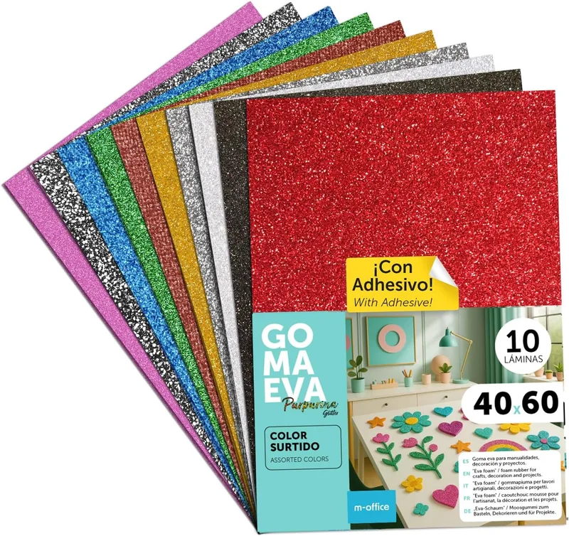 m-office ▫️ Espuma EVA com purpurina para trabalhos manuais, espuma colorida para projetos criativos, ideal para artes e trabalhos manuais, uso escolar ou profissional, 40 x 60 cm (conjunto de espumas adesivas com purpurina, 10 unidades)