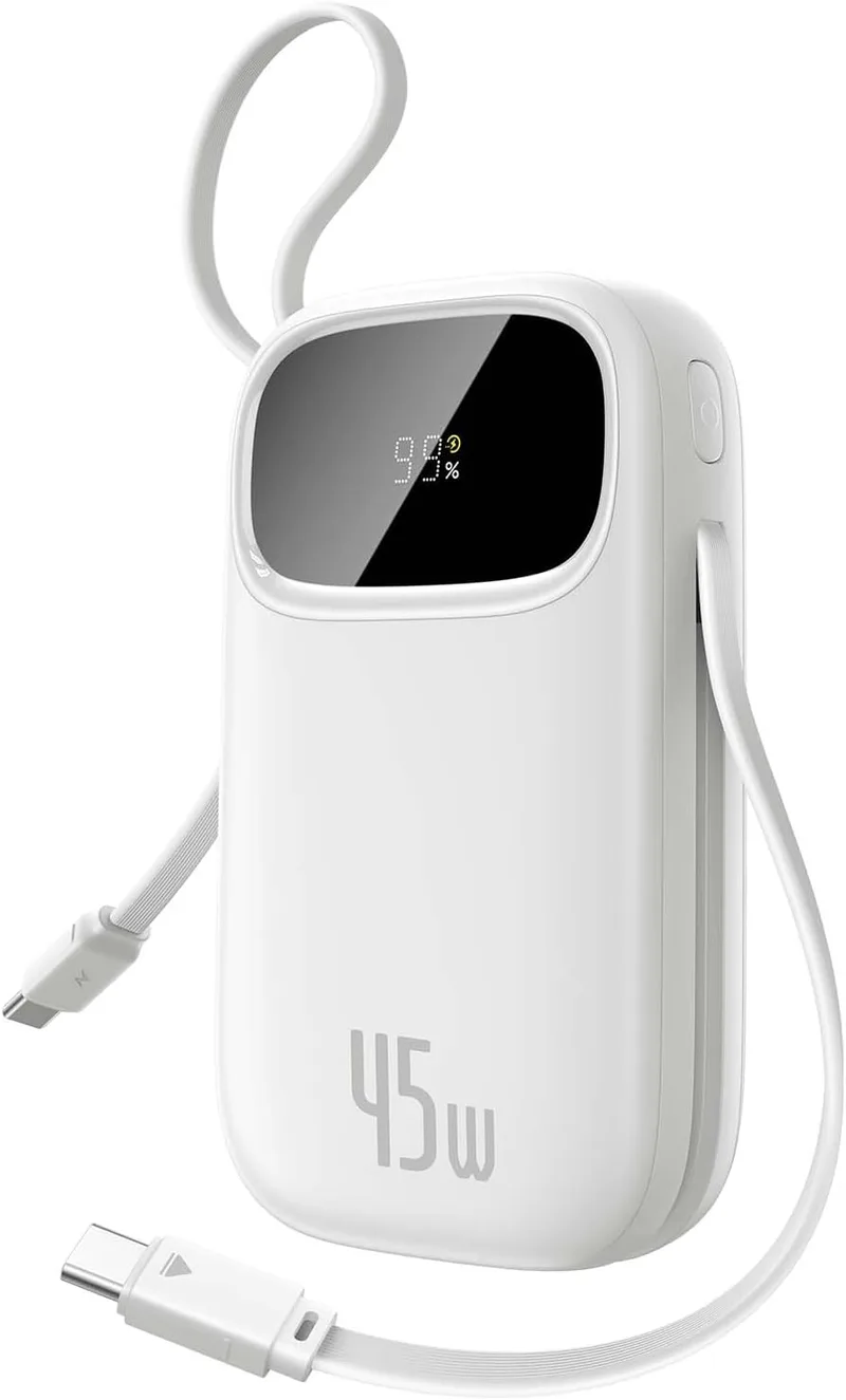 Baseus ▫️ Powerbank 45W 20000mAh com 2 cabos USB-C incorporados, Power Bank PD3,0 QC4,0 Baterias externas de carregamento rápido, 3C 1A, Carregador portátil para iPhone 16/15/14 Pro MAX, Samsung, Branco