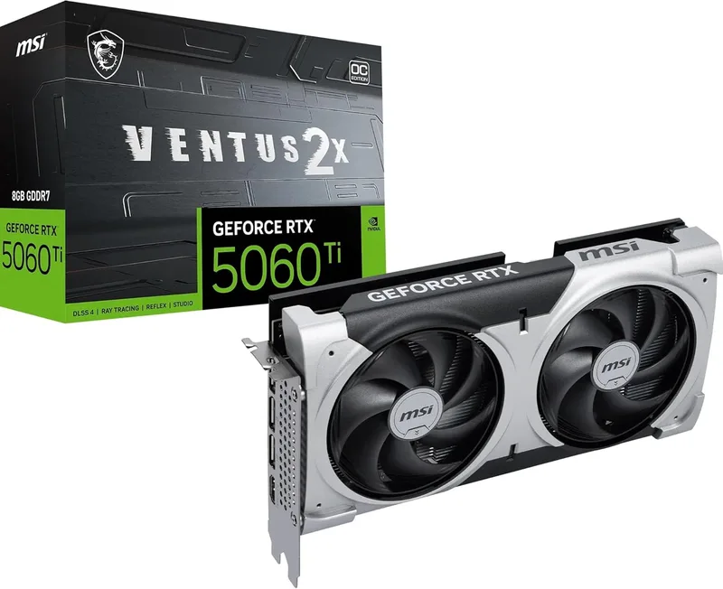 MSI ▫️ Placa gráfica GeForce RTX 5060 Ti 8G Ventus 2X OC Plus, RTX 5060 Ti, 8 GB GDDR7 (28 Gbps/128 bits), PCIe 5.0 - Sistema de refrigeração com duas ventoinhas (2 x Ventiladores STORMFORCE) - HDMI 2.1b