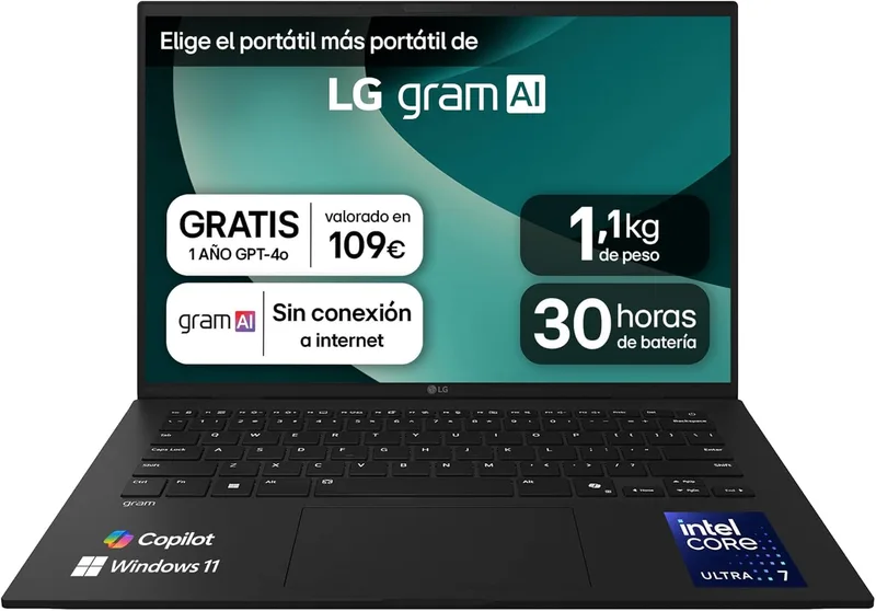 LG ▫️ gram 14Z90T-G.AD88B Portátil de 14 polegadas, FHD IPS, Intel Core Ultra7, 32 GB de RAM, 1 TB SSD, Antirreflexo, 1 120 g, autonomia da bateria até 30h, Windows 11, Preto