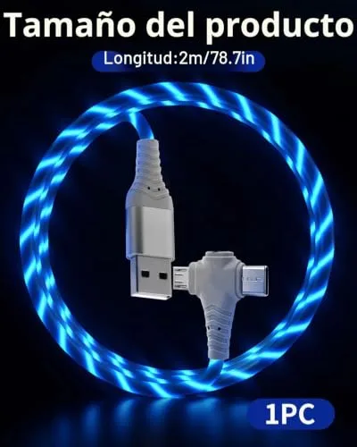 Tiryns ▫️ Cabo USB-C 3 em 1 de 2 m com LED para carregamento rápido, cabo USB-A para Tipo C com iluminação RGB, carregador de telemóvel para transferência e carregamento de dados para iPhone Pro Max, Android, Samsung S23, iPad, Huawei, Pixel, Switch e PS5 – Azul 3