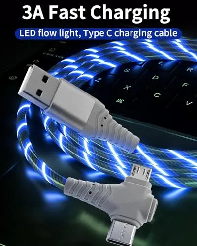 Tiryns ▫️ Cabo USB-C 3 em 1 de 2 m com LED para carregamento rápido, cabo USB-A para Tipo C com iluminação RGB, carregador de telemóvel para transferência e carregamento de dados para iPhone Pro Max, Android, Samsung S23, iPad, Huawei, Pixel, Switch e PS5 – Azul 4