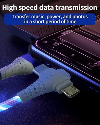 Tiryns ▫️ Cabo USB-C 3 em 1 de 2 m com LED para carregamento rápido, cabo USB-A para Tipo C com iluminação RGB, carregador de telemóvel para transferência e carregamento de dados para iPhone Pro Max, Android, Samsung S23, iPad, Huawei, Pixel, Switch e PS5 – Azul 5