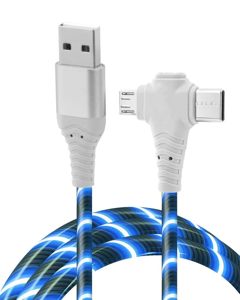 Tiryns ▫️ Cabo USB-C 3 em 1 de 2 m com LED para carregamento rápido, cabo USB-A para Tipo C com iluminação RGB, carregador de telemóvel para transferência e carregamento de dados para iPhone Pro Max, Android, Samsung S23, iPad, Huawei, Pixel, Switch e PS5 – Azul