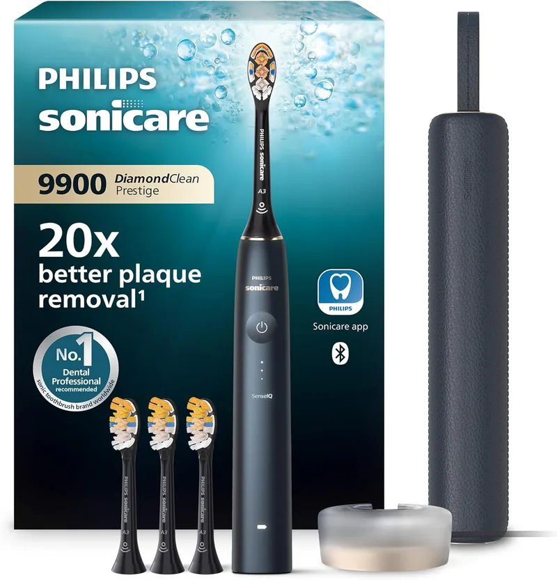 Philips ▫️ Escova de dentes eléctrica Sonicare DiamondClean 9900 Prestige com tecnologia SenseIQ e aplicação, 5 modos de escovagem, estojo de viagem com carregador, azul meia-noite, modelo HX9992/45