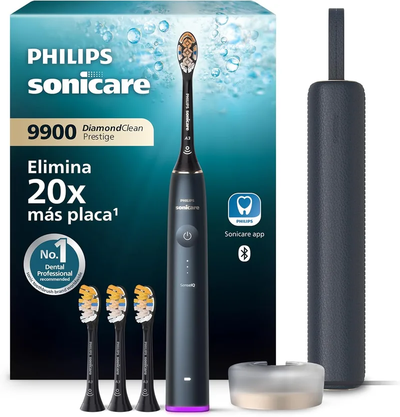 PHILIPS ▫️ Escova de dentes elétrica Sonicare DiamondClean 9900 Prestige, com tecnologia SenseIQ e aplicação, 5 modos de escovagem, estojo de viagem com carregador, azul meia-noite, modelo HX9992/45