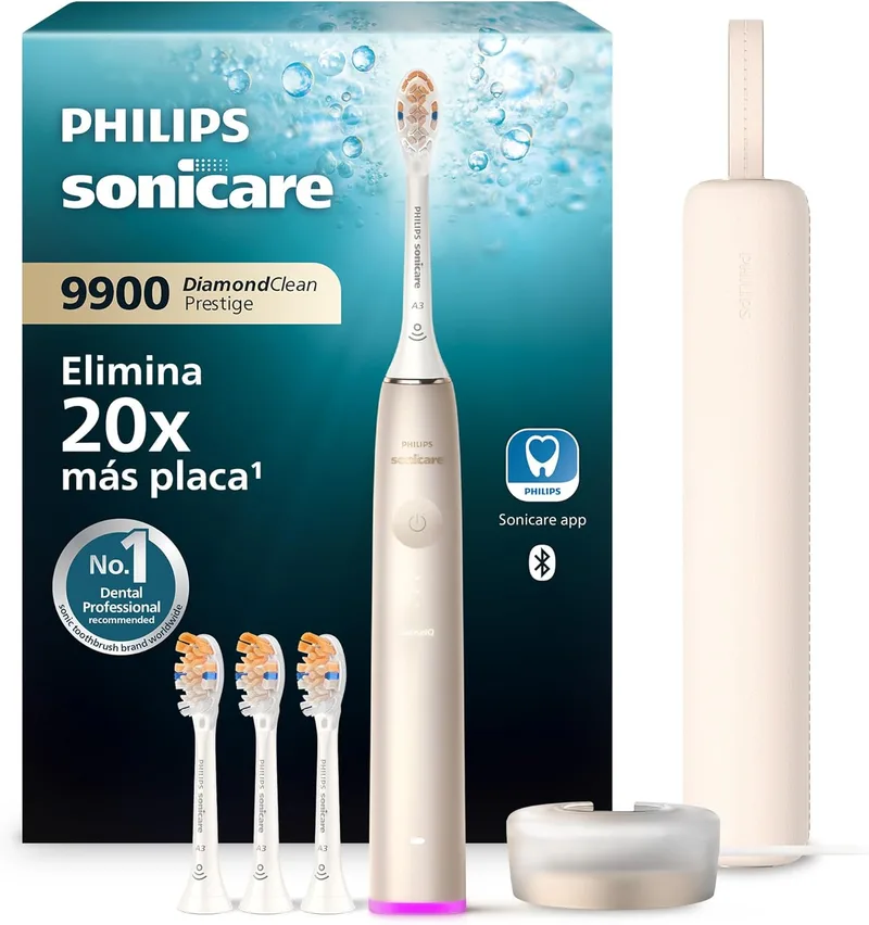 PHILIPS ▫️ Escova de dentes elétrica Sonicare DiamondClean 9900 Prestige, com tecnologia SenseIQ e aplicação, 5 modos de escovagem, estojo de viagem com carregador, cor champanhe, modelo HX9992/44