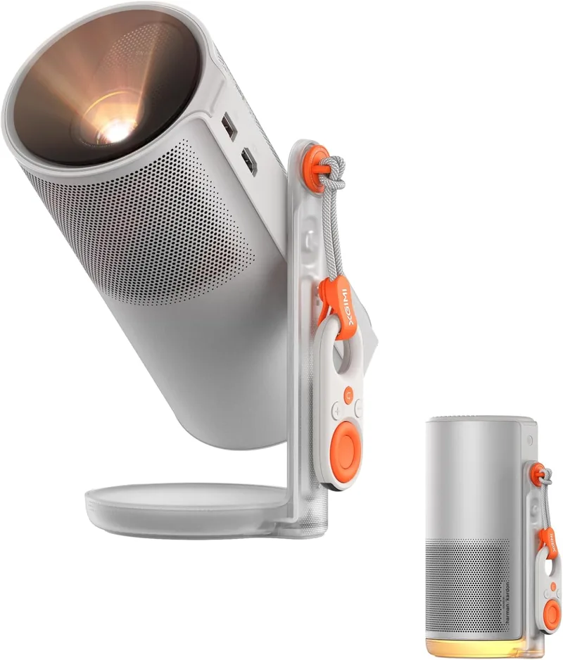 XGIMI ▫️ Projetor portátil MoGo 4 com bateria, 450 lúmenes ISO | Google TV e Netflix oficial, suporte 360°, autonomia da bateria de 2,5 h, altifalantes Harman Kardon de 12 W, WiFi, Bluetooth, versão 2025