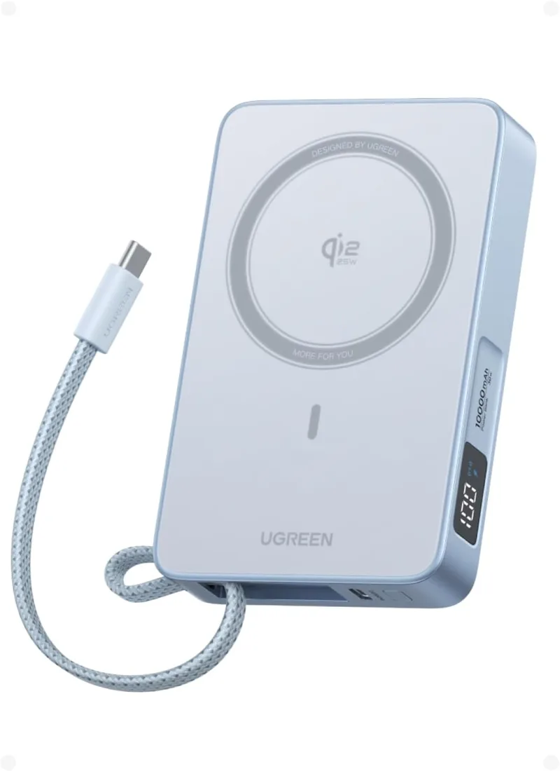 UGREEN ▫️ Magflow Qi2 25W Power Bank 10000mAh com indução magnética e carregamento rápido Power Bank com cabo USB C integrado 30W Compatível com Magsafe iPhone 17 Pro MAX Air 16 15 14 13 12 (Azul)