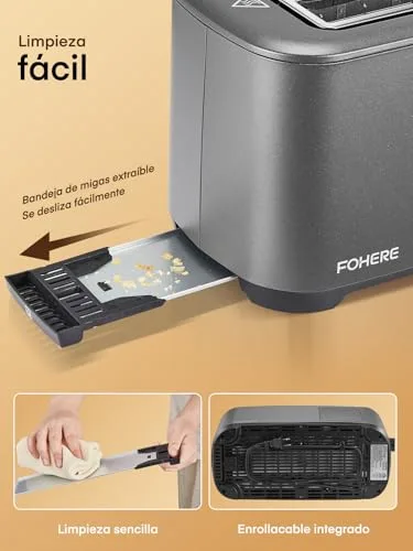 FOHERE ▫️ Torradeira, 2 ranhuras compridas e largas, 9 níveis de torragem, com controlo por ecrã tátil, suporte para pãezinhos e tabuleiro recolhedor de migalhas, cancelamento/descongelação/reaquecimento 6