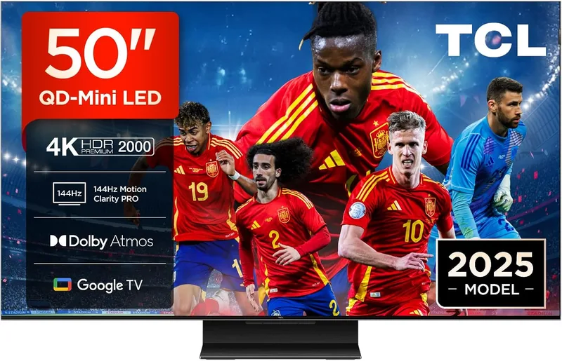 TCL ▫️ 50Q7C 50" QD-Mini LED, 4K HDR Premium 2600, Smart TV com Google TV (Dolby Vision IQ & Atmos, painel CrystGlow HVA, Motion Clarity Pro 144Hz, Game Master) [Classe energética F] [Classe energética F].