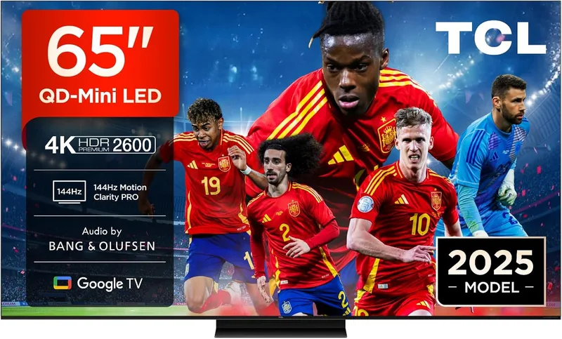 TCL ▫️ 65Q7C Televisor de 65 polegadas QD-Mini LED 4K Smart TV, 2600 nits HDR Premium, Bang & Olufsen, Game Master, FreeSync Premium Pro, Google TV, Dolby Vision IQ e Atmos