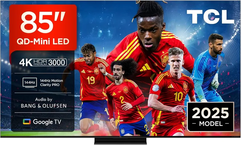 TCL ▫️ 85Q7C 85" QD-Mini LED, 4K HDR Premium 3000, Smart TV com Google TV (Dolby Vision IQ & Atmos, painel CrystGlow HVA, Motion Clarity Pro 144Hz, Game Master) [Classe energética D] [Classe energética D].