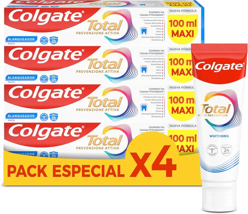Colgate ▫️ Total Pasta de Dentes Branqueadora, Embalagem de 4 x 100 ml, Pasta de dentes branqueadora com defesa antibacteriana reforçada durante 24 horas para a boca*, tecnologia antibacteriana exclusiva com duplo zinco