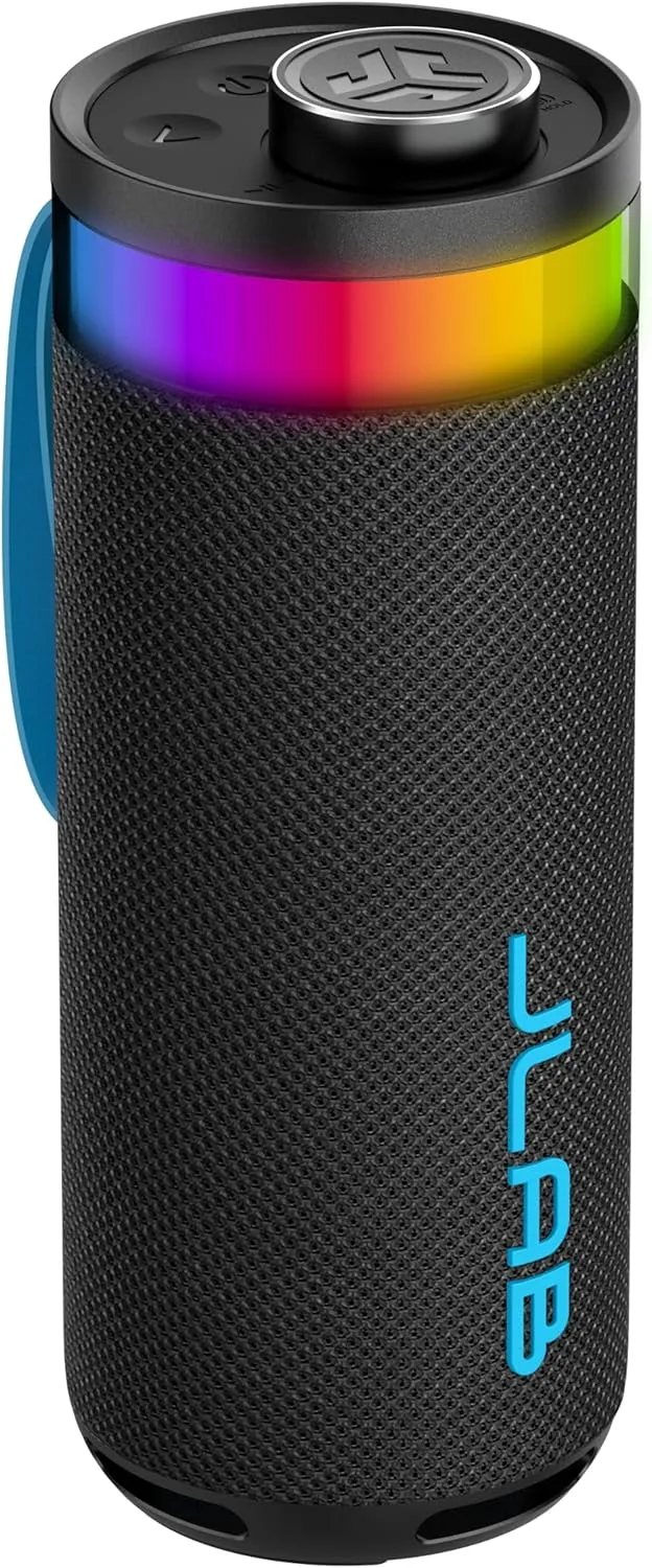 JLab ▫️ Go Party: Altifalante Bluetooth portátil com mais de 16 horas de autonomia - Altifalante sem fios de 10 W para uso no exterior e em viagens, com luzes RGB e som de qualidade de laboratório, resistente à água (IP56), preto