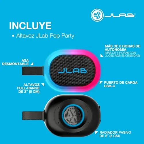 JLab ▫️ Pop Party – Altifalante Bluetooth ultraportátil – 8H+, Mora 7
