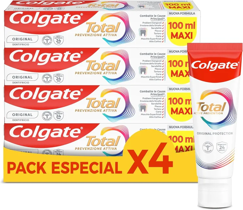 Colgate ▫️ Total Active Prevention - Pasta de dentes 4 x 100ml - Ajuda nos problemas das gengivas, placa bacteriana, tártaro, sensibilidade, erosão do esmalte, manchas superficiais, mau hálito e cáries