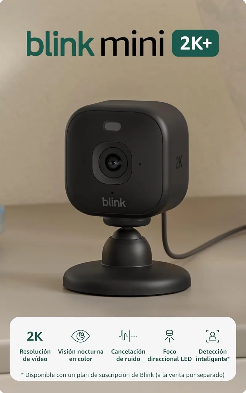 Visite a Loja Blink ▫️ Mini 2K+ Blink Camera (última geração) | Câmara de segurança doméstica com plug-in, resolução de vídeo 2K, zoom 4x, visão nocturna a cores | Compatível com Alexa | 1 câmara - Preto