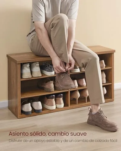 VASAGLE ▫️ Banco para sapatos, com assento, 6 compartimentos, prateleiras ajustáveis, para a entrada, sala de estar, 29,5 x 100 x 50 cm, castanho mel LSB036K01 6