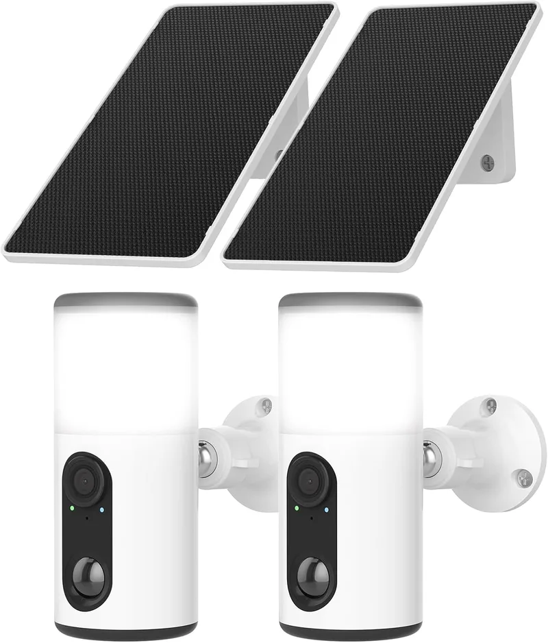 ANRAN ▫️ Câmara de Vigilância WiFi Exterior 2K com Luz de Parede, Câmara de Segurança Sem Fios com Painel Solar+Bateria Recarregável, Luz Activada por Movimento, Deteção PIR, Visão Nocturna a Cores, IP66, 2PCS