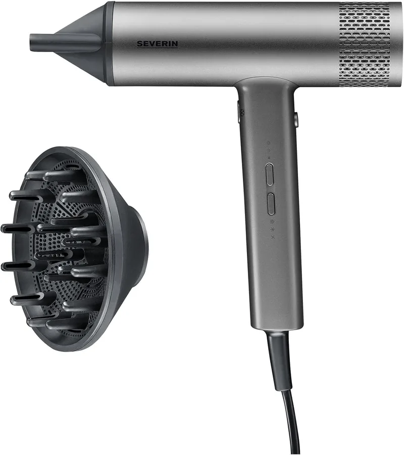 Severin ▫️ Secador de cabelo de alto rendimento com motor BLDC e tecnologia iônica, Secador de cabelo com difusor magnético e concentrador, Potência de 2 000 W, Cinzento, HT 0171 | Motor potente e silencioso, tecnologia anti-frizz. Difusor magnético, 3 níveis de temperatura e função Cool Shot, antra