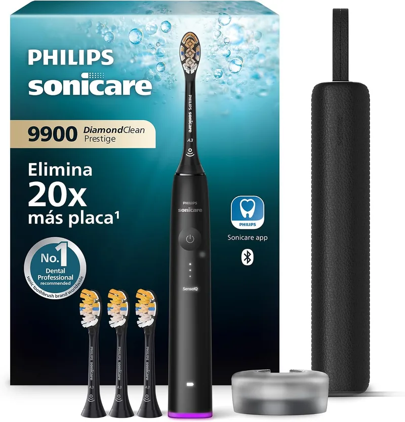 PHILIPS ▫️ Escova de dentes elétrica Sonicare DiamondClean 9900 Prestige, com SenseIQ e aplicação, 5 modos, 3 intensidades, estojo de viagem com carregador, preto, modelo HX9992/43, Preto, 4 cabeças de escova