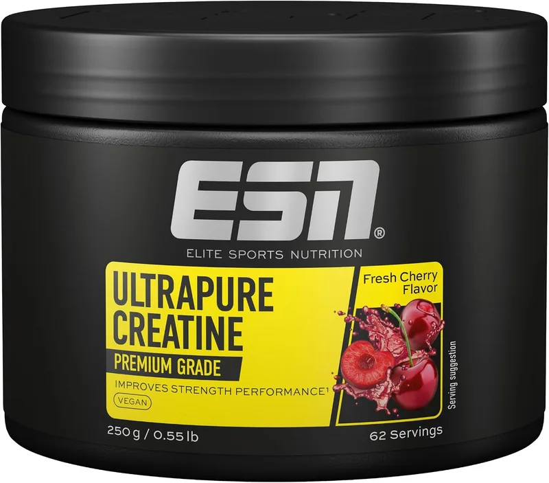 ESN ▫️ Creatina Monohidratada Ultrapura, Cereja Fresca, 250 g, 62 doses | Creatina em pó, microfina e de excelente solubilidade, vegana — fabricada na Alemanha