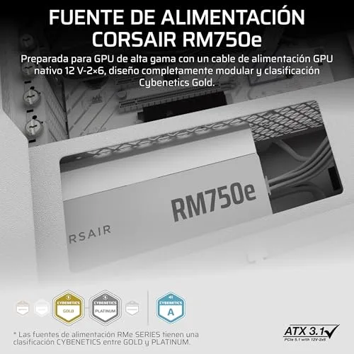 Corsair ▫️ RM750e (2025) Fonte de alimentação ATX totalmente modular e silenciosa com cabo 12 V-2x6 – Compatível com ATX 3.1 e PCIe 5.1, eficiência Cybenetics Gold, condensadores para 105 °C – Branco 2