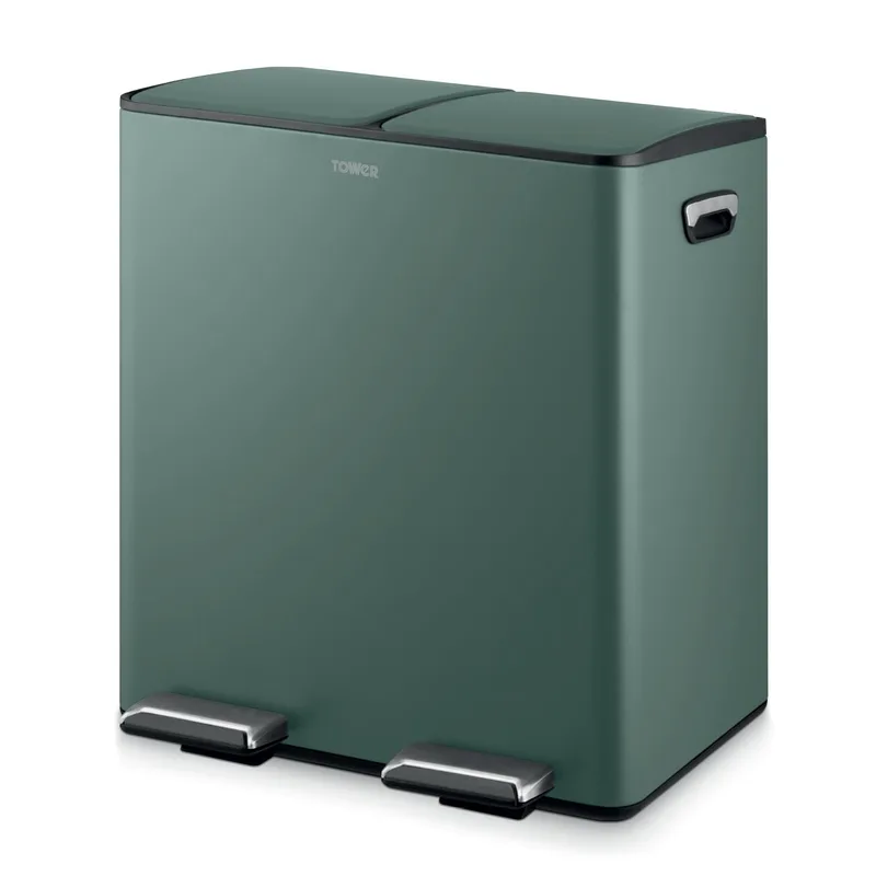 TOWER ▫️ T838022FOR - Caixote do lixo com pedal para reciclagem, com dois compartimentos de 20 L, corpo em aço ao carbono, dois caixotes interiores de 40 L, verde floresta