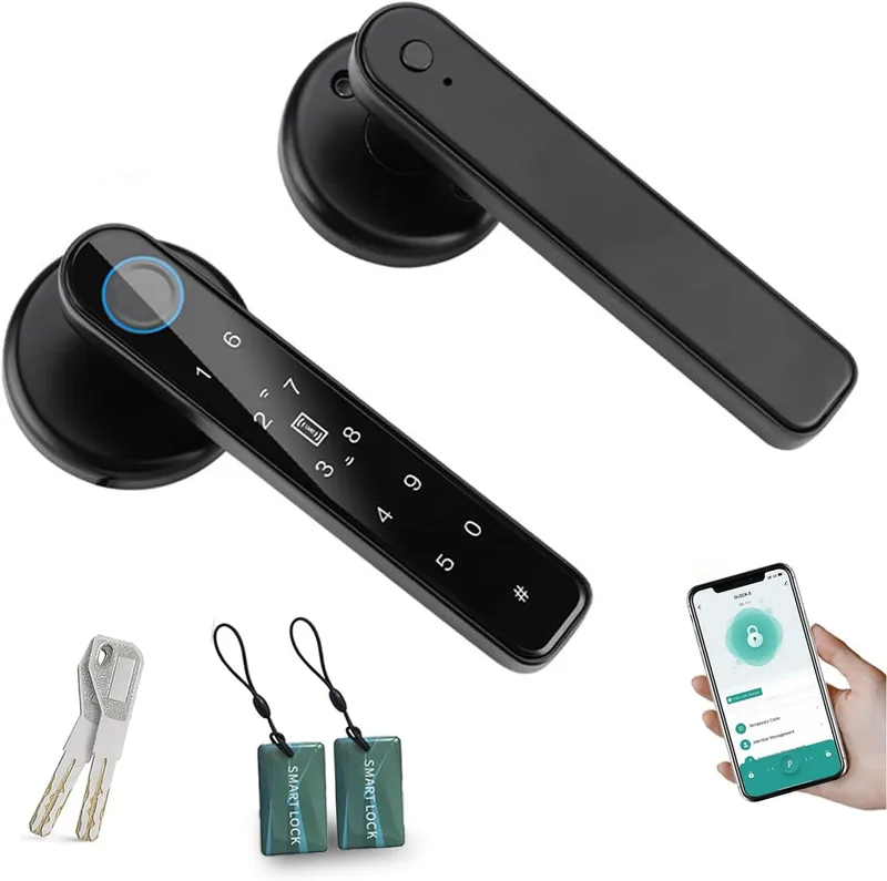 TEKXDD ▫️ Fechadura inteligente com leitor de impressões digitais, fechadura eletrónica 6 em 1, aplicação Tuya, cartão IC, NFC, impressões digitais, código de acesso digital, chave mecânica