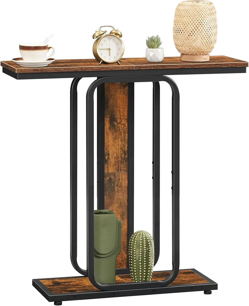 HOOBRO ▫️ Mesa de consola de estilo industrial, com espaço de arrumação, aparador com estrutura geométrica de 2 níveis, para hall de entrada, sala de estar, quarto, em castanho rústico e preto EBF68XG01