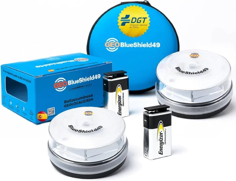 Garza ▫️ GeoBlueShield49/2 Luzes de Emergência para Automóveis Homologadas pela DGT v16 3.0 e Estojo I Pilha Energizer de 9 V I Obrigatórias em 2026 I Conectividade IoT até 2038 I Em colaboração, 2 balizas