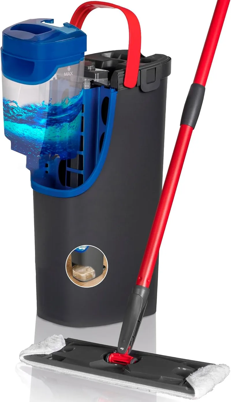 Vileda ▫️ Sistema de esfregona plana H2Pro, microfibra cinzenta e azul