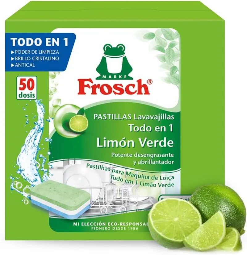 Frosch ▫️ Pastilhas Tudo em 1 para a máquina de lavar louça Limão : Detergente + abrilhantador + sal : Sem fosfatos : Eficaz a 45°C : Brilho extra : Proteção dos vidros - 50 doses