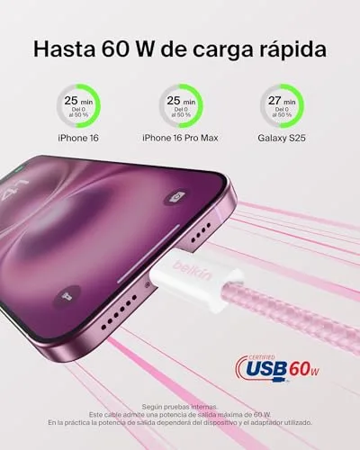 Belkin ▫️ Conjunto de 2 cabos trançados USB-C para USB-C de 1,5 m (60 W), Carregamento rápido, cabos de alimentação USB Tipo C macios e flexíveis para iPhone 17 e 16, Galaxy S25, Pixel 10, iPad Pro e outros, cor-de-rosa 2