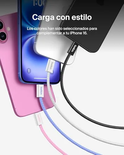 Belkin ▫️ Conjunto de 2 cabos trançados USB-C para USB-C de 1,5 m (60 W), Carregamento rápido, cabos de alimentação USB Tipo C macios e flexíveis para iPhone 17 e 16, Galaxy S25, Pixel 10, iPad Pro e outros, cor-de-rosa 3
