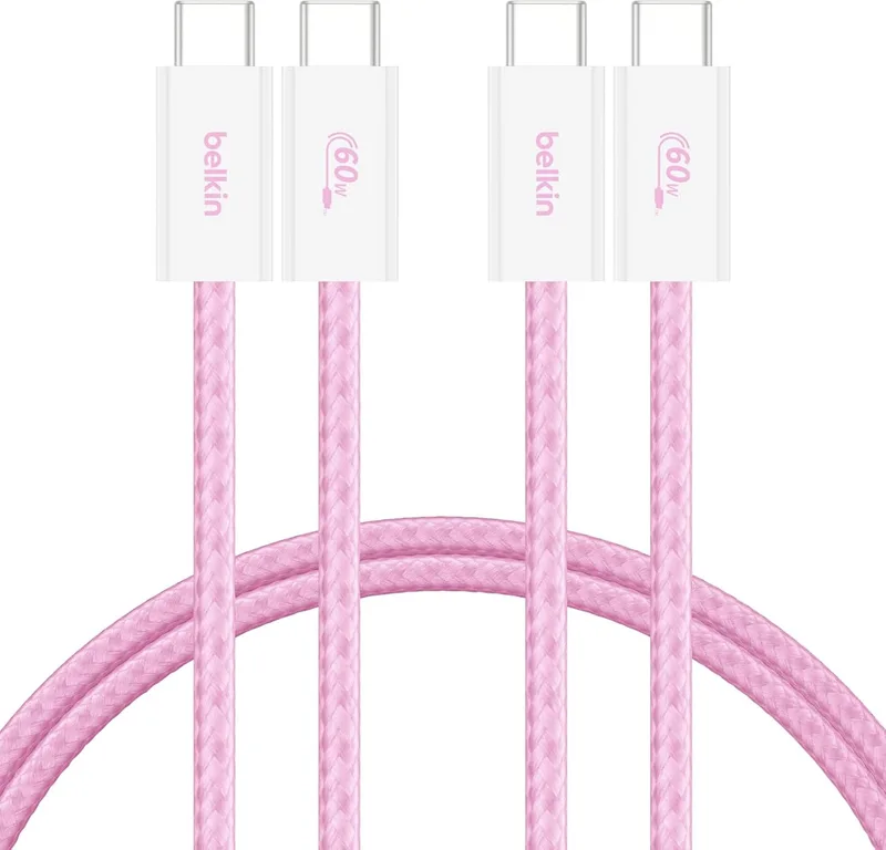 Belkin ▫️ Conjunto de 2 cabos trançados USB-C para USB-C de 1,5 m (60 W), Carregamento rápido, cabos de alimentação USB Tipo C macios e flexíveis para iPhone 17 e 16, Galaxy S25, Pixel 10, iPad Pro e outros, cor-de-rosa