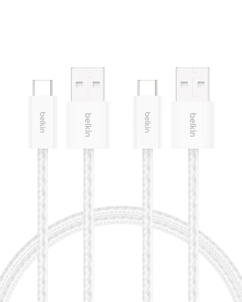 Belkin ▫️ Conjunto de 2 cabos trançados USB-A para USB-C de 1,5 m (15 W), carregamento rápido, cabos de alimentação flexíveis USB tipo C para iPhone 17 e 16, Galaxy S25, Pixel 10, iPad Pro e outros, Branco