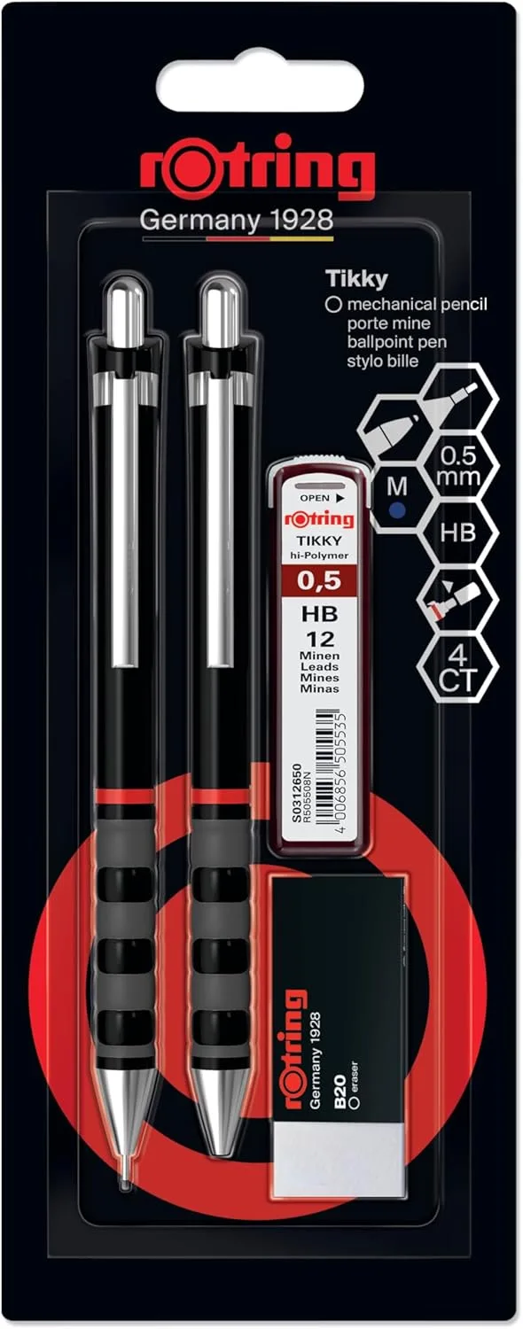 Rotring ▫️ Tikky Conjunto de lapiseira e pinças | Ponta média | Corpo preto | Leve com pega em borracha | Recargas de mina média | Ponta média | Corpo preto | Leve com pega em borracha