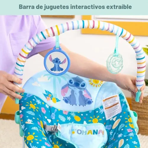 Bright Starts ▫️ Disney Stitch - Espreguiçadeira vibratória para bebé Ohana Paradise barra de brinquedos amovível, 2 brinquedos incluídos, para 0-6 meses 6