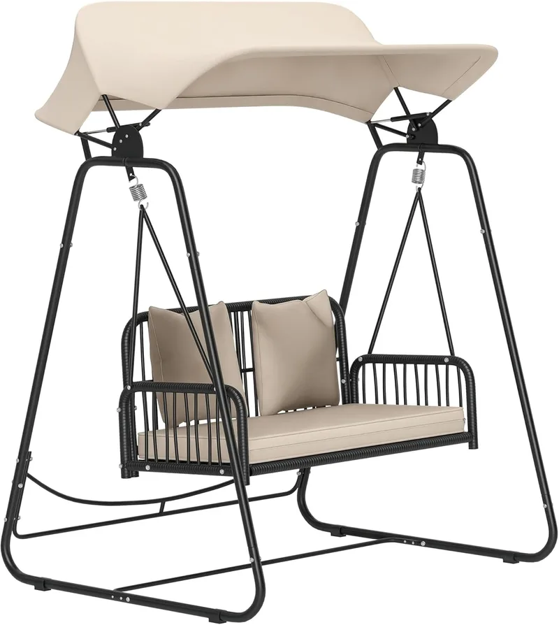 Outsunny ▫️ Balanço de jardim de 2 lugares, balanço de exterior com toldo retrátil, almofadas e estrutura de aço com rattan PE anti-UV para varanda, terraço e pátio, capacidade de 240 kg, 149 x 121 x 180 cm, cor cáqui