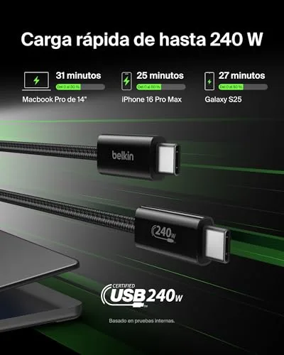 Belkin ▫️ Conjunto de 2 cabos trançados USB-C para USB-C de 1,5 m (240 W), carregamento rápido, cabos de alimentação flexíveis USB tipo C para iPhone 17 e 16, Galaxy S25, Pixel 10, iPad Pro e outros, Preto 2